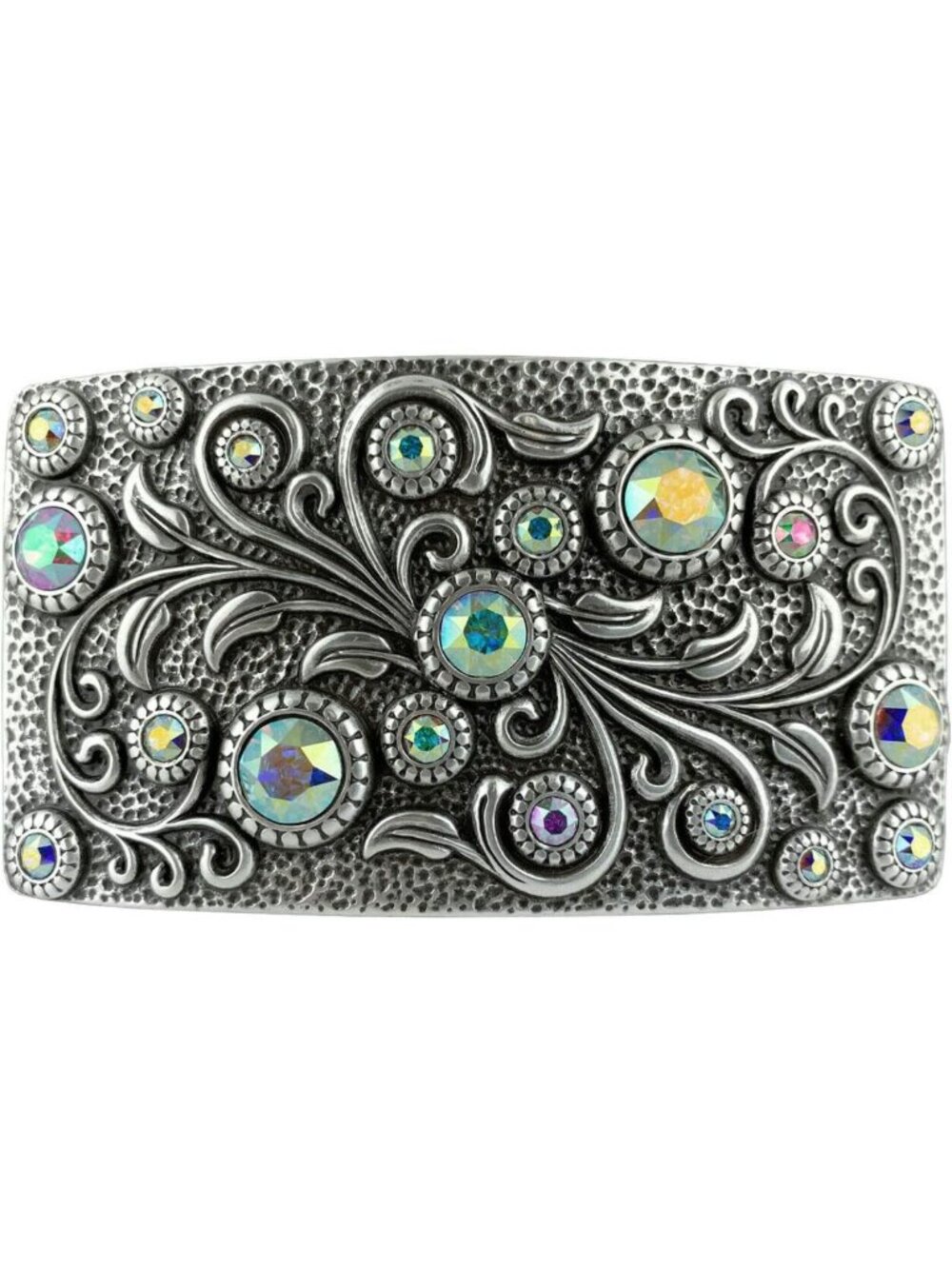 Rhinestone Crystal Belt Buckle - Antique Brass Floral Engraved Rectangle Design